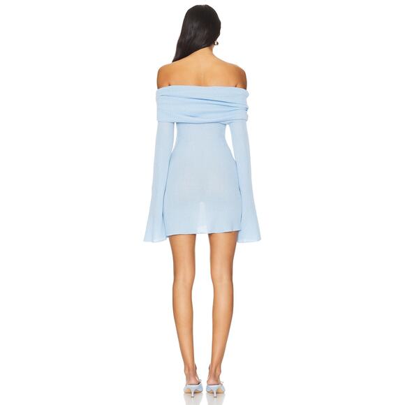 SEROYA Galli Mini Dress Ribbed Off The Shoulder Sexy Elegant Minimalist Blue M - Picture 3 of 11